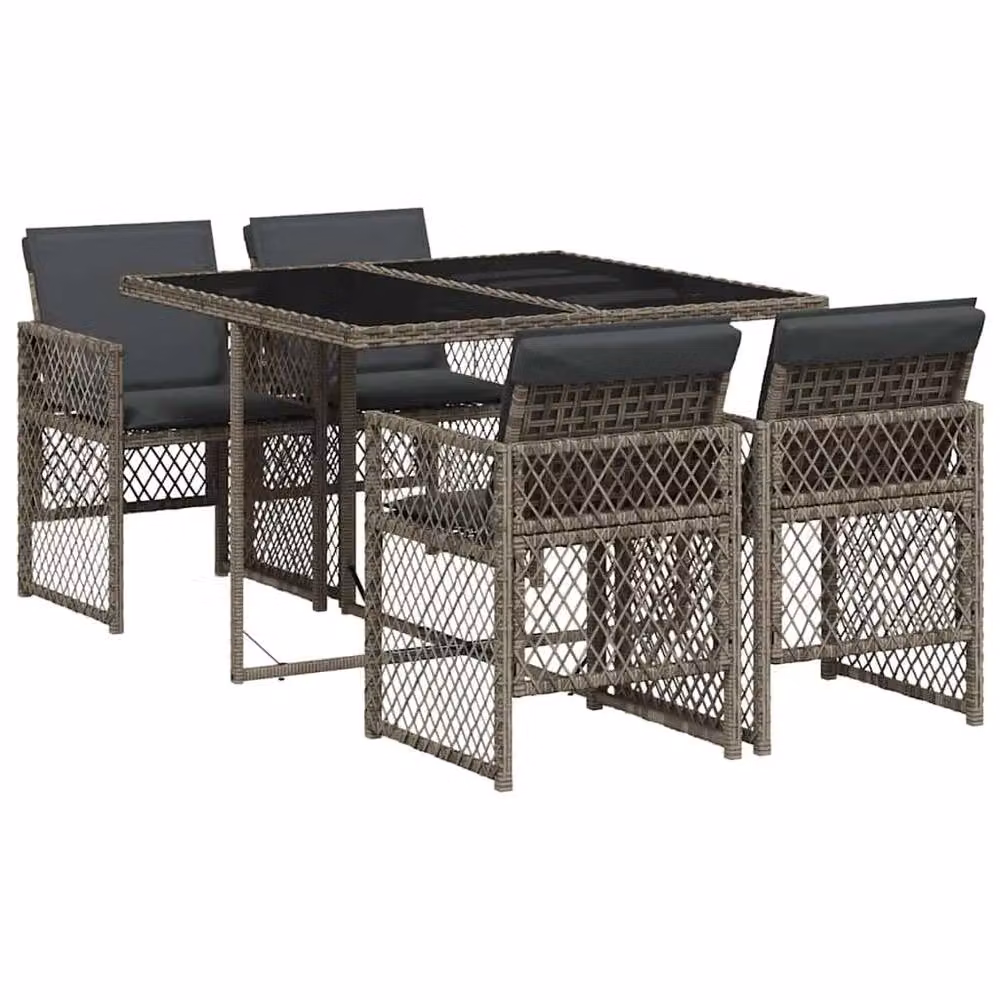 Berkfield Home 5 Piece Grey Poly Rattan Garden Dining Set with Glass Table and Cushions – 2