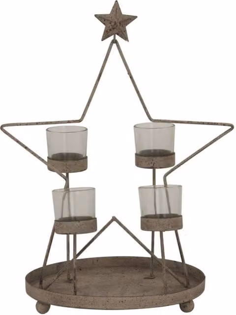 KDMD Rustic Star Tabletop Centerpiece with 4 Glass Votive LED Candle Holders in Brown