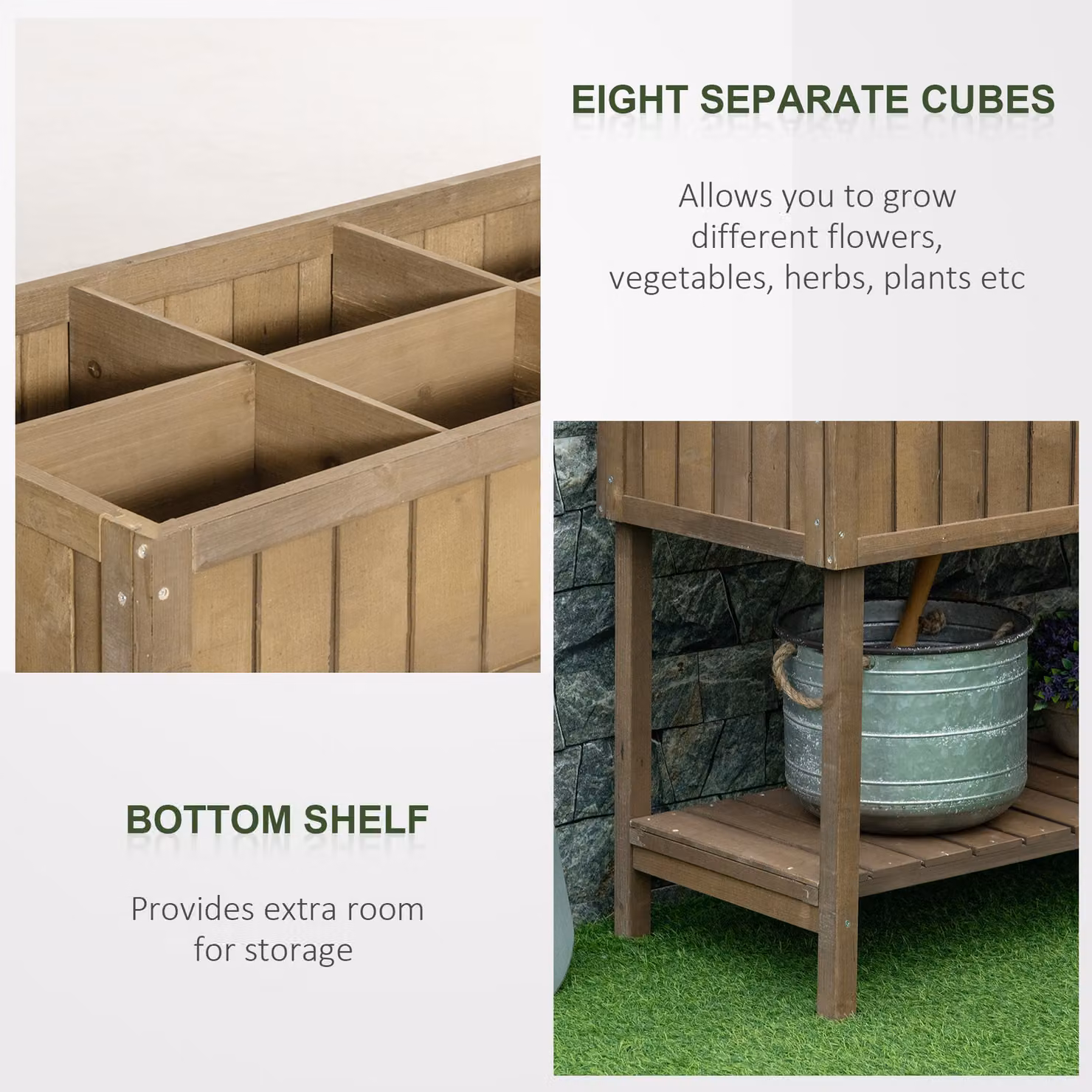 Outsunny Brown Wooden Raised Flower Bed with 8 Inner Cubes, Bottom Shelf and Drainage Holes, W: 110 cm, D: 46 cm, H: 76 cm – 4