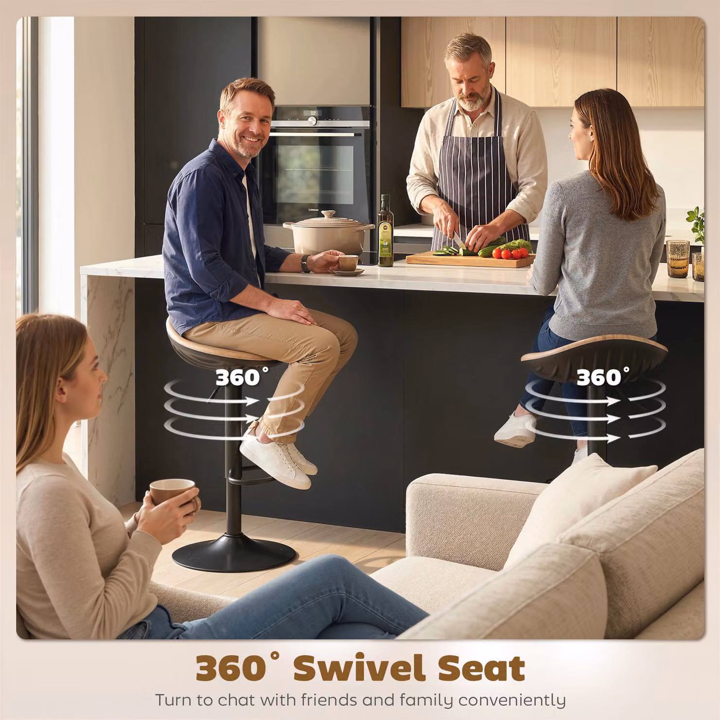 HOMCOM Set of 2 Brown PU Leather Barstools with Saddle Seats, Height Adjustable Swivel Kitchen Chairs and Footrests in Oak Finish – 4