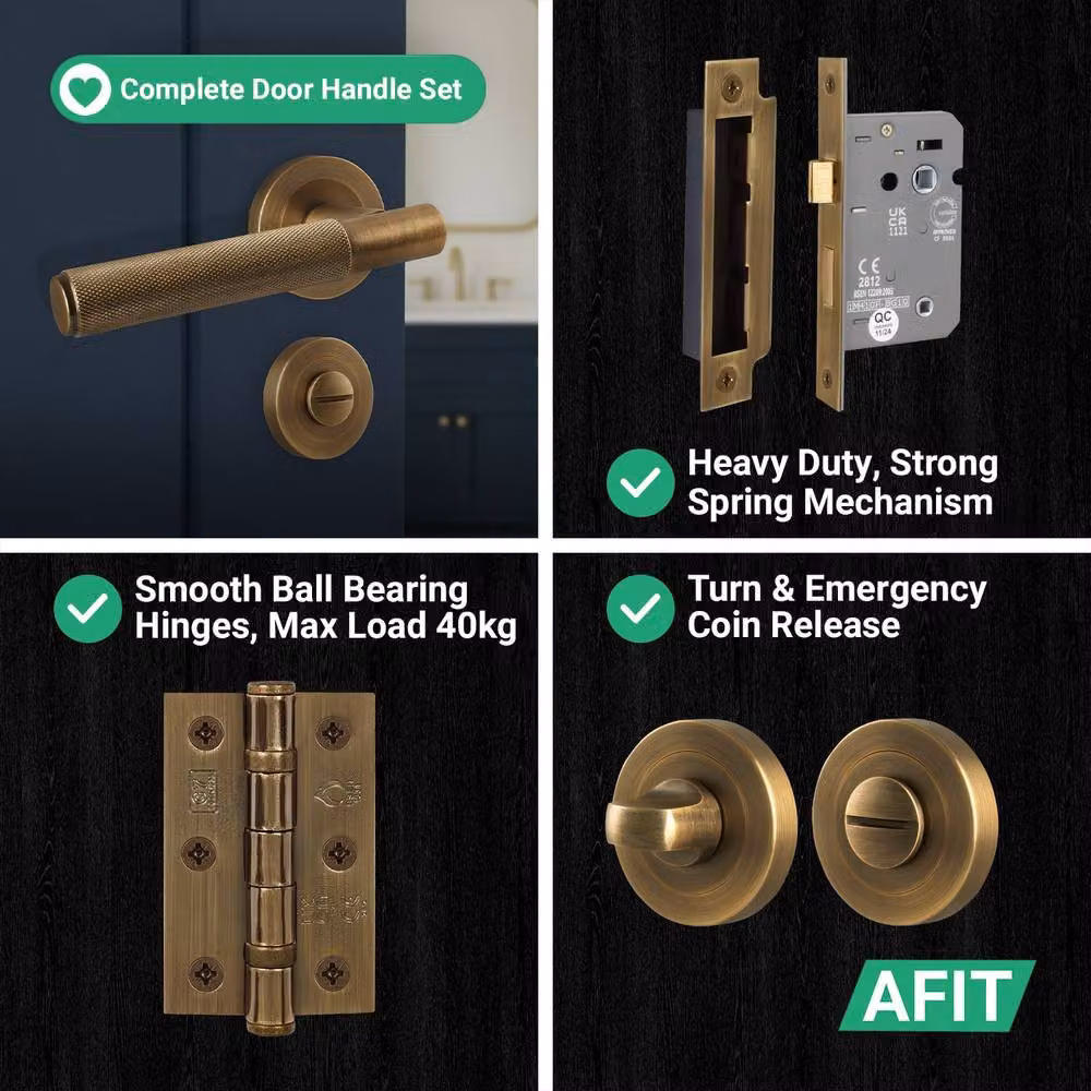 AFIT Antique Brass Knurled Lever Rose Bathroom Lock and Bronze Hinges, W/H: 150 x 150 mm – 5