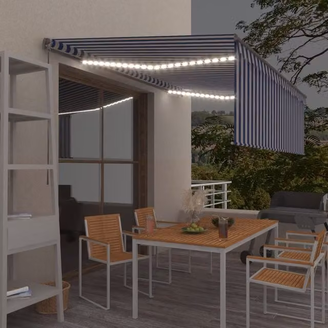 Berkfield Home Manual Retractable Awning with Blind and LED, Blue and White, W: 450 cm, D: 300 cm