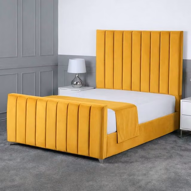 Living Comfort Bedz Empress King Size Upholstered Velvet Gas Lift Storage Bed in Yellow