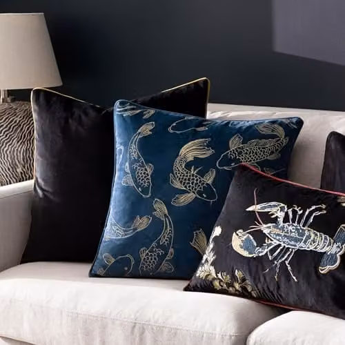 Paoletti Koi Pond Embroidered Velvet Cushion in Blue, W/D/H: 50 x 50 x 50 cm – 3