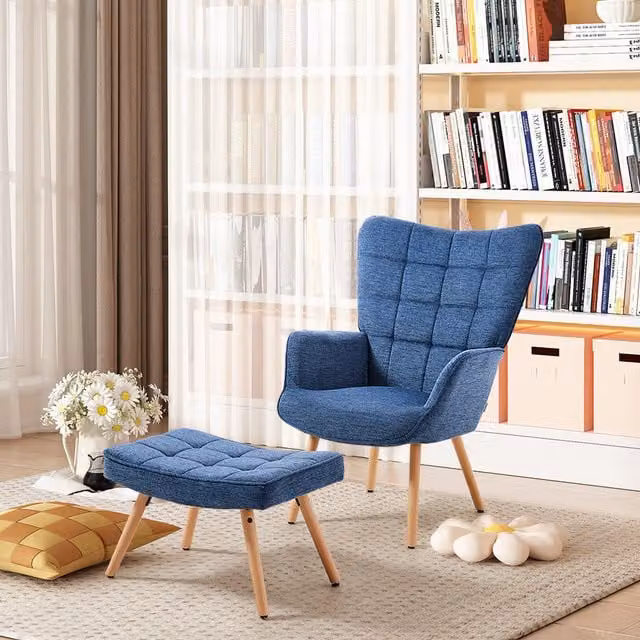 Livingandhome Modern Blue Fabric Upholstered Wingback Armchair with Integrated Ottoman