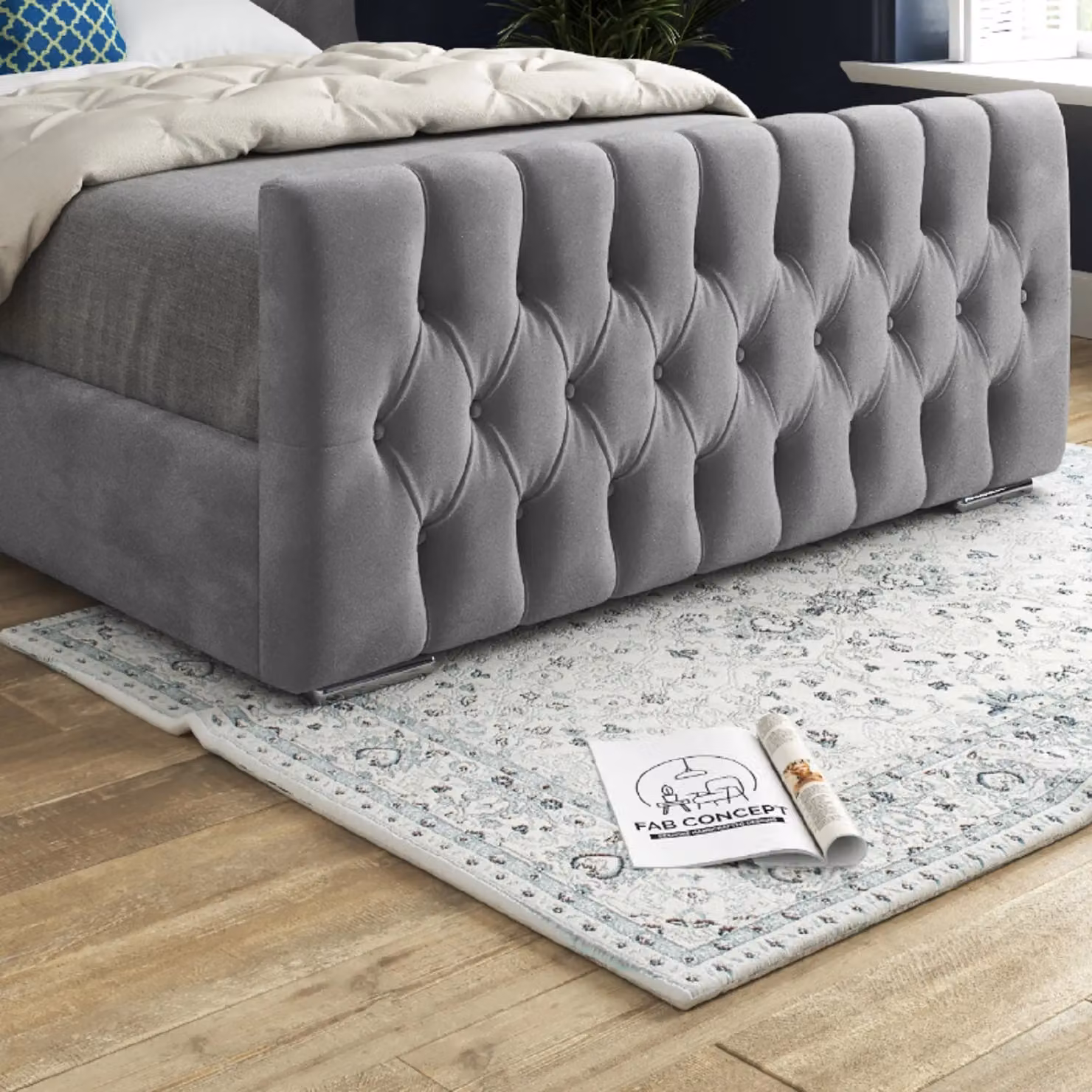 Casani Chesterfield Upholstered Velvet Bed Frame in Grey W/D/H: 144 x 137 x 200 cm – 4