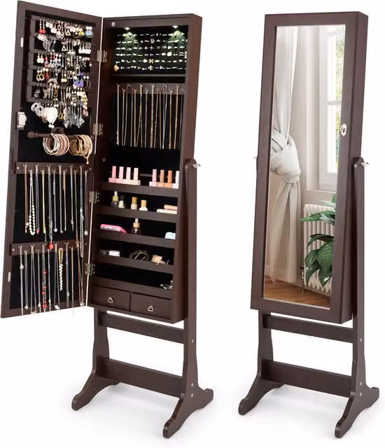 COSTWAY Brown Wood Jewelry Armoire Cabinet with LED Lighting and Mirror