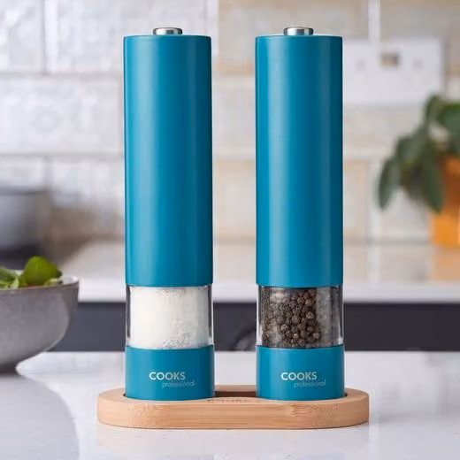 Cooks Professional Electric Salt and Pepper Mill Set with Bamboo Base in Petrol