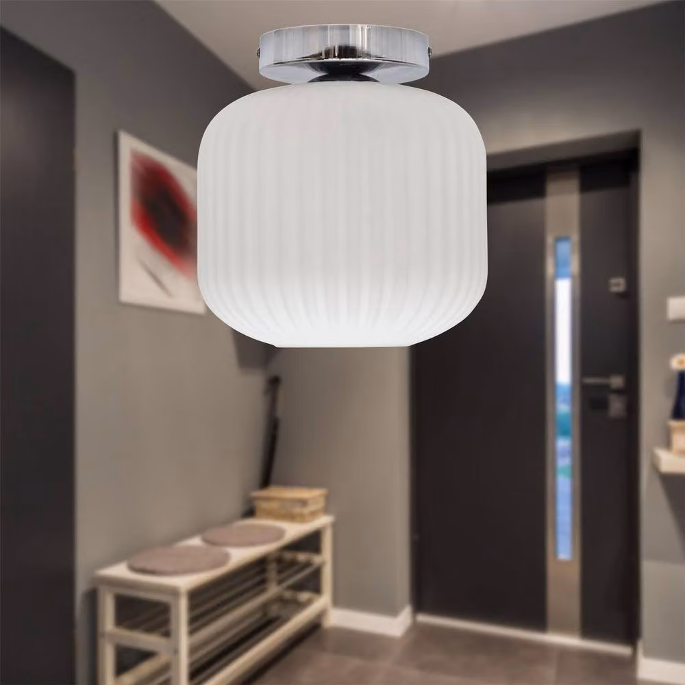 First Choice Lighting Bento Set of 2 White Ribbed Glass and Chrome Ceiling Light Fittings – 2