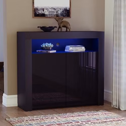 Vida Designs Nova 2 Door Modern High Gloss Black LED Sideboard with Integrated RGB Lighting, W/D/H: 107 x 35 x 97 cm