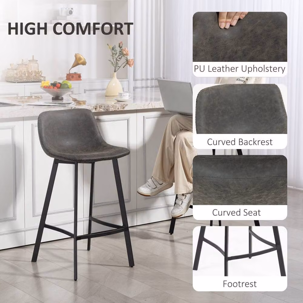 Wyld Haus Nora Set of 2 Grey Faux Leather Bar Stools with Back and Foot Support – 5