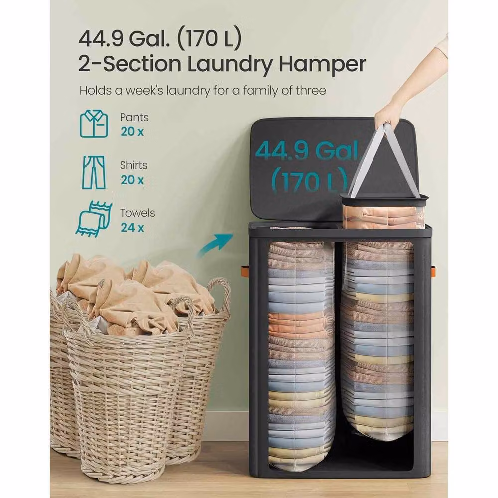 The Bazaarist Double Laundry Hamper with Lid and Removable Liners in Jet Black – 3