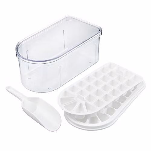 mysmartbuy Ice Cube Tray and Container Set in Transparent and White with Scoop and 2 Moulds for 58 Cubes, W/D/H: 10 x 11.5 x 21 cm