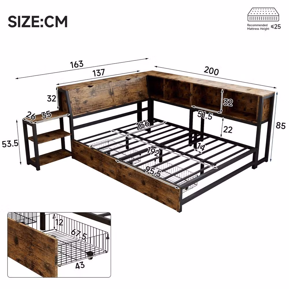 Rolipo Double Storage Bed Frame with 2 Drawers, Industrial Style, Brown and Black, W/D/H: 140 x 200 cm – 2