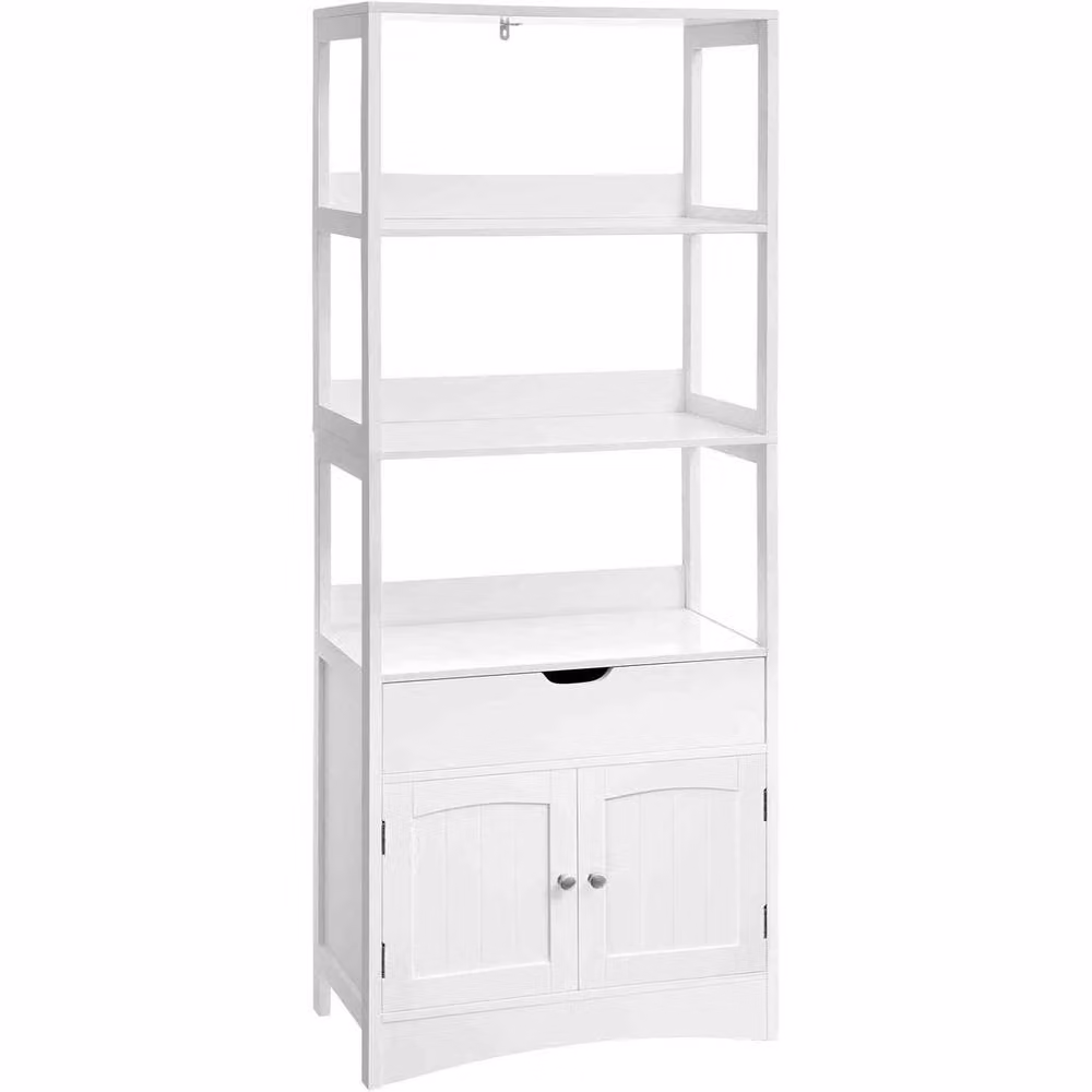 The Bazaarist Modern White Bathroom and Kitchen Storage Cabinet with Drawer, Cupboard and Open Shelves – 2