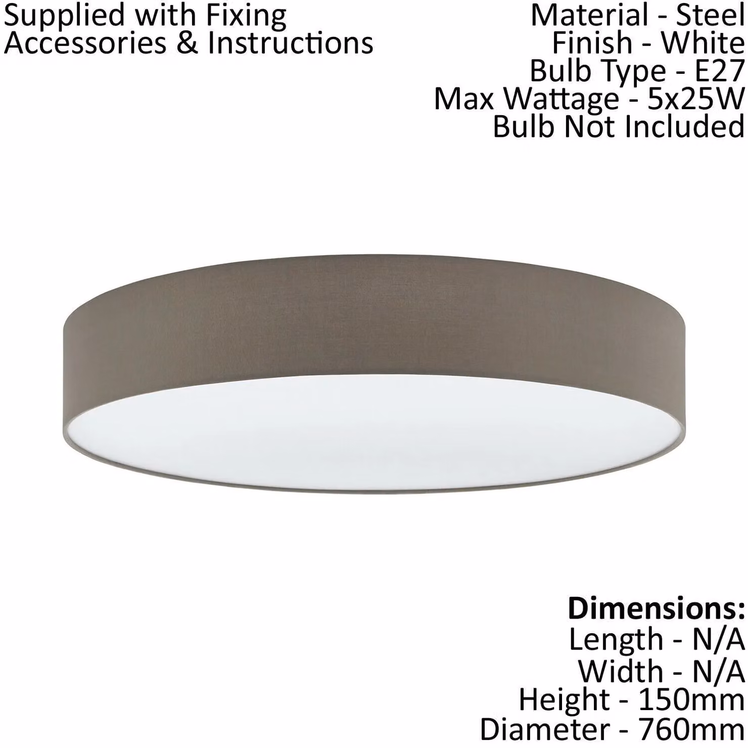 Loops Flush Ceiling Light in White with Taupe White Fabric Shade, E27, W: 150 cm, D: 150 cm, H: 76 cm – 2
