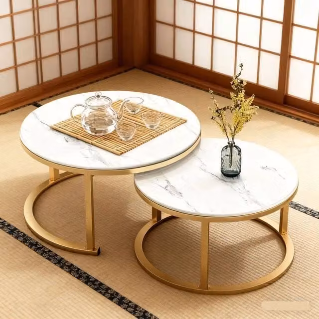 FORGEVIO Modern Round Marble Coffee Table with Nested Tops in White and Multicolour