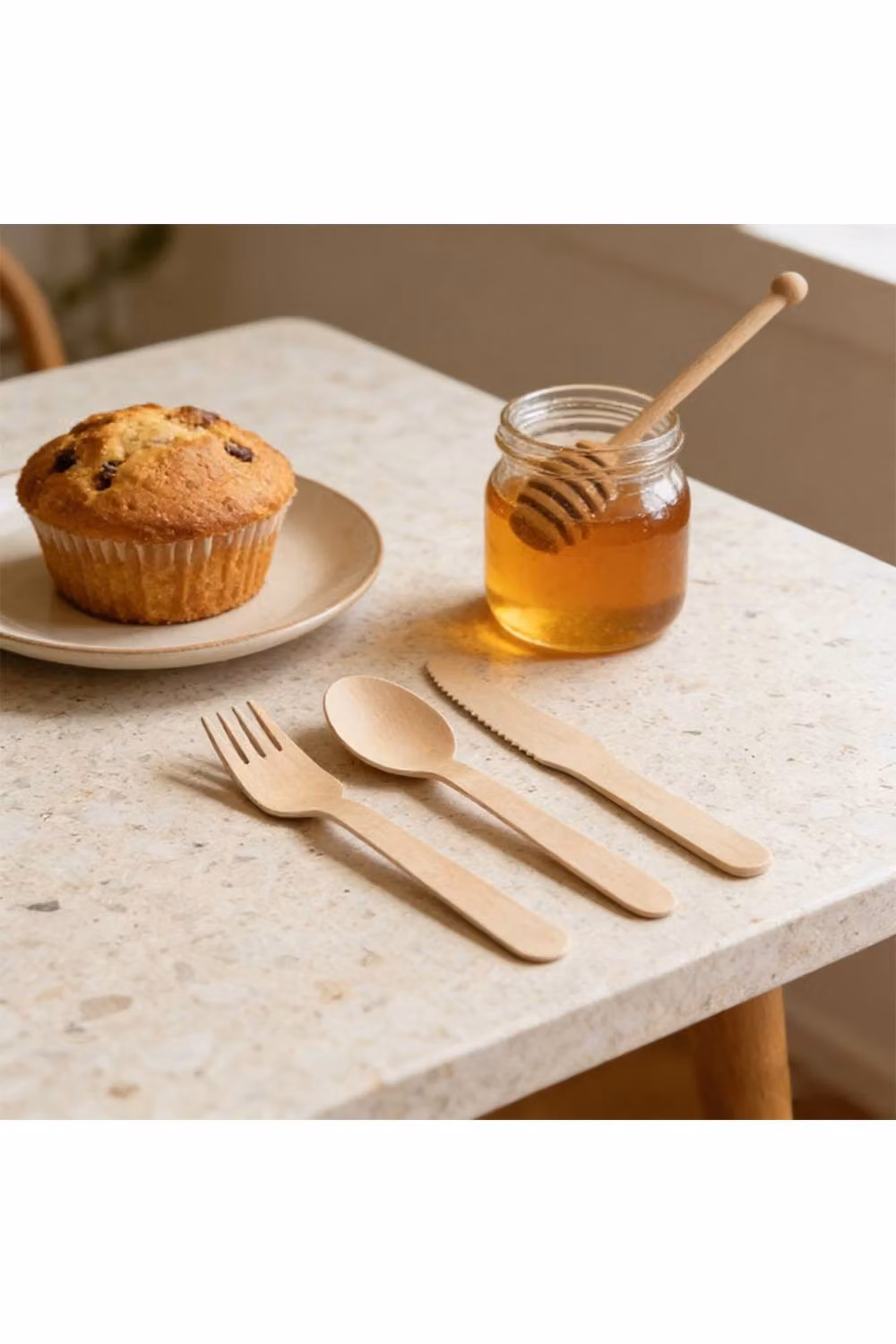 KDMD 100-Piece Compostable Disposable Wooden Cutlery Set with Spoons, Forks and Knives in Beige – 2