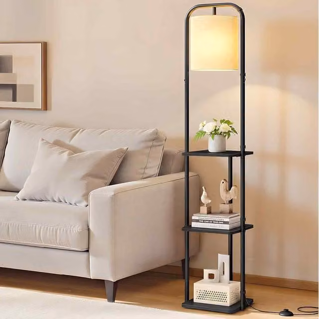 The Bazaarist Modern Black Floor Lamp with Storage Shelves and Included LED Bulb