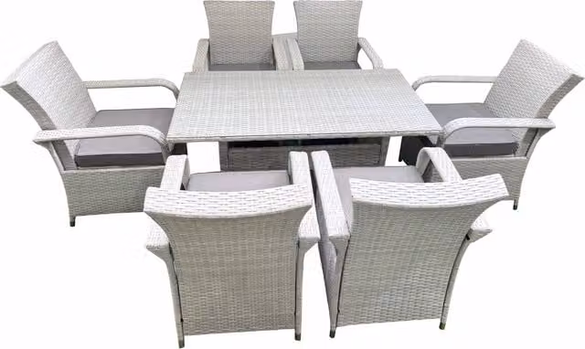 Fimous 6 Seater Rattan Garden Furniture Set with Rectangular Dining Table and Chairs in Light Grey
