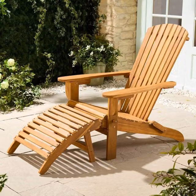 VonHaus Hudson Acacia Folding Adirondack Garden Chair and Footstool in Brown – 1