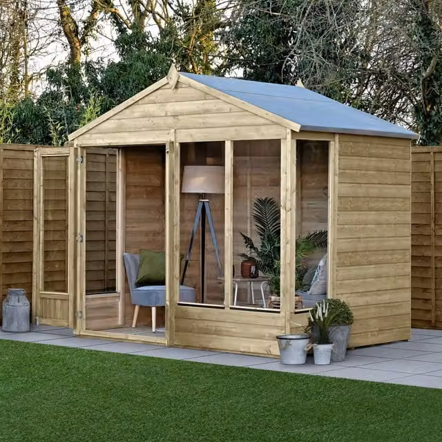 Beckwood Apex Summerhouse in Brown with Gable Roof and Windows, W/D/H: 243.84 x 182.88 x 182.88 cm
