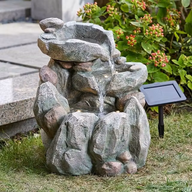 Garden Greatness Solar Rock Fall Water Feature in Grey, Stone Effect Polyresin Cascade, W/D/H: 40 x 46 x 51 cm – 1