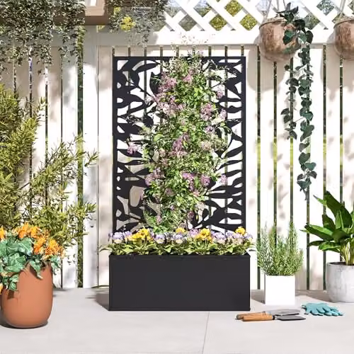 Outsunny Metal Garden Raised Bed with Trellis and Privacy Panel in Black – 8