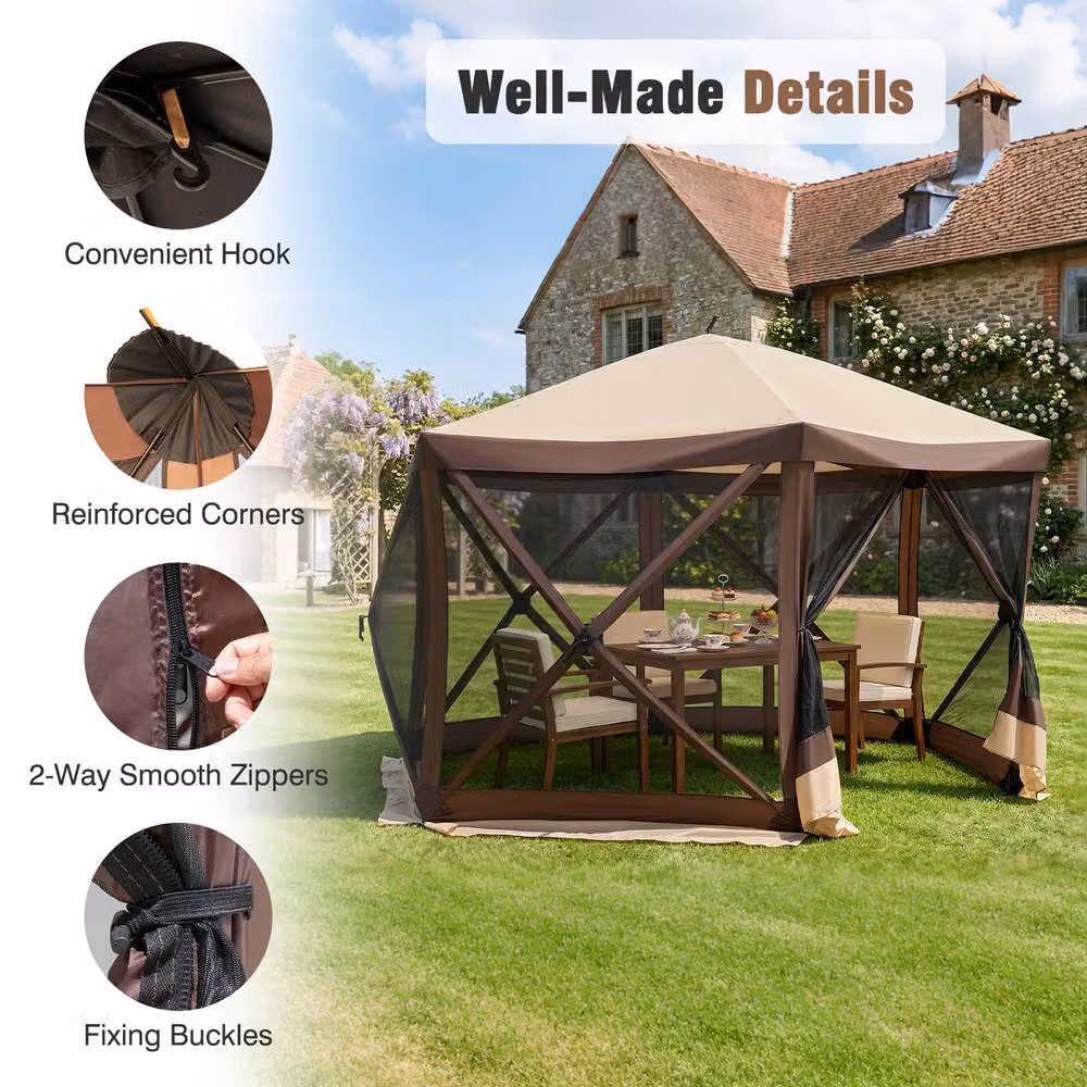 Costway Foldable 6-Sided Garden Gazebo with Net Sides and Zipped Door in Brown, W/D/H: 300 x 300 x 230 cm – 7