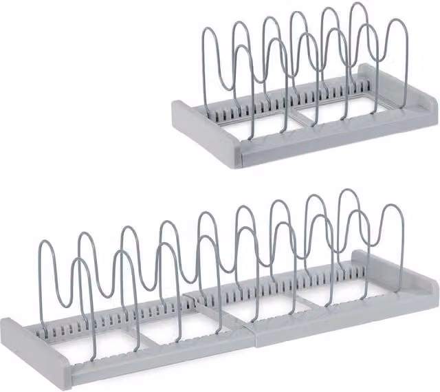 LIVIVO Grey Extendable Metal Pan Lid Holder and Kitchen Organiser with 10 Adjustable Dividers and Anti-Slip Feet