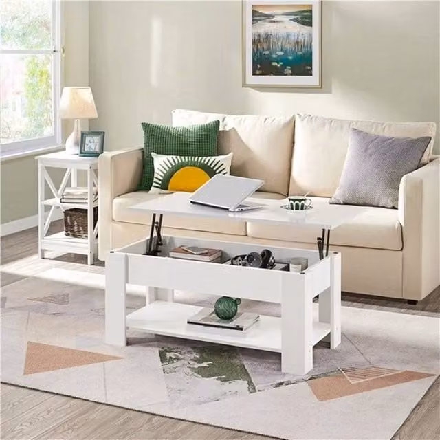 EONLION Modern White Rectangular Wooden Coffee Table with Storage and Lift Mechanism