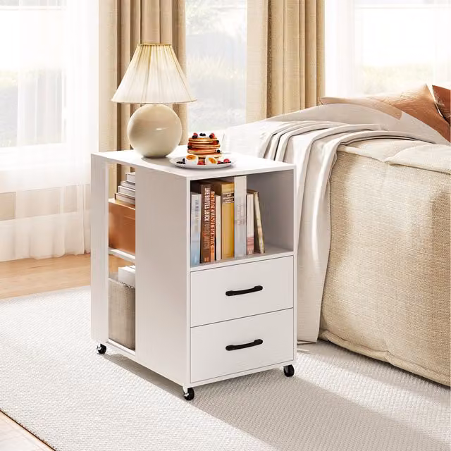 COSTWAY Rolling Bedside Table in White