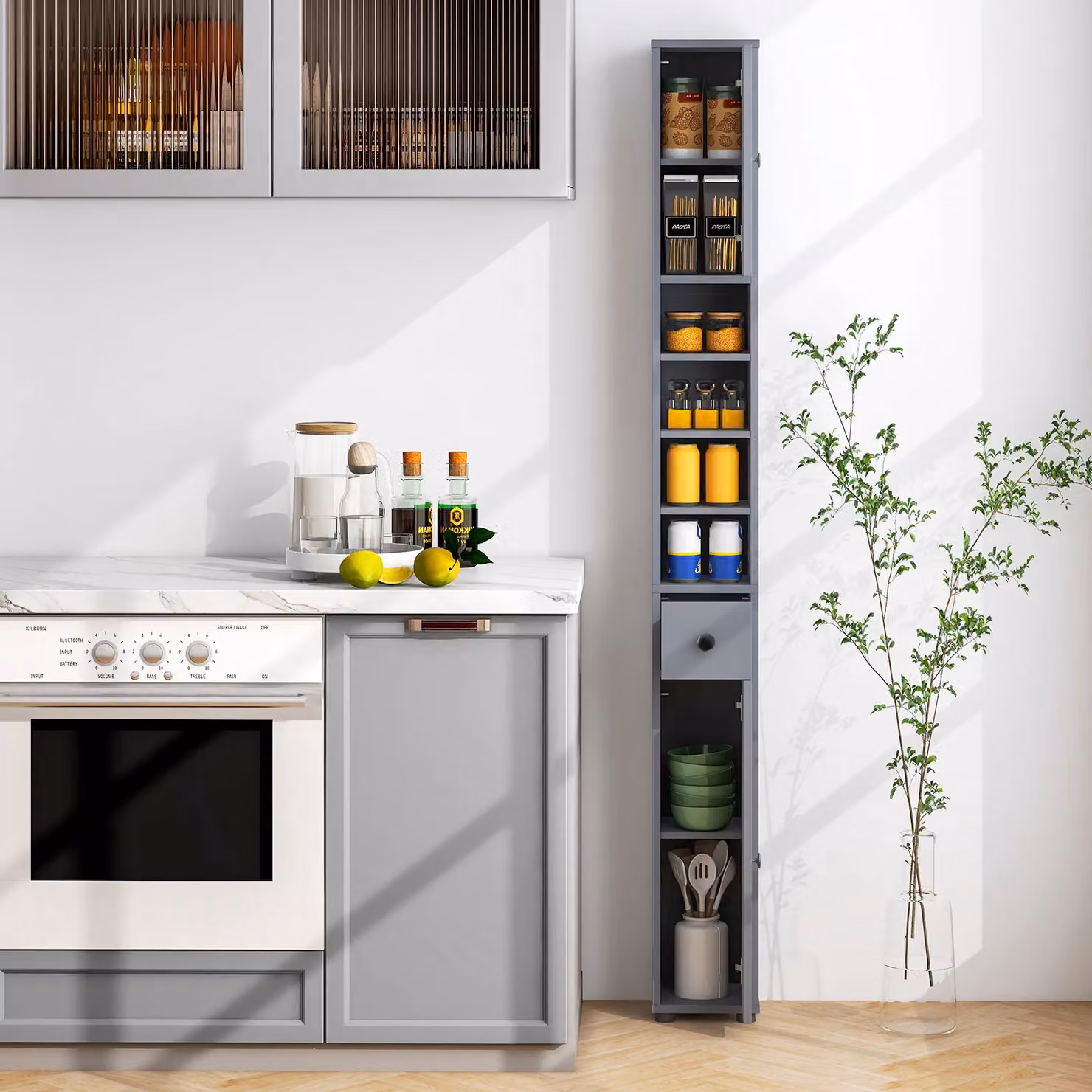 Gymax Slim Grey Tall Bathroom Cabinet with 2 Hinged Doors and Adjustable Internal Shelves – 3
