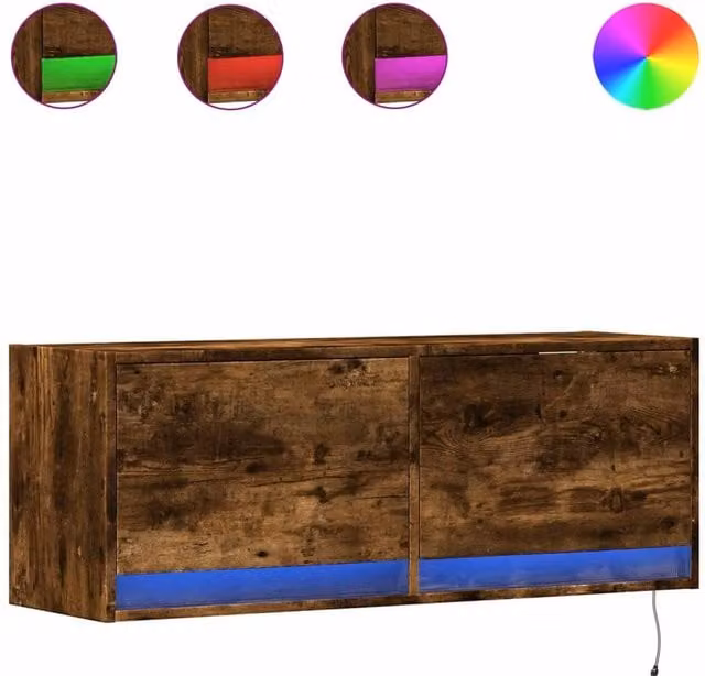 Berkfield Home TV Wall Cabinet with LED Lights in Smoked Oak Brown, W/D/H: 100 x 31 x 35 cm