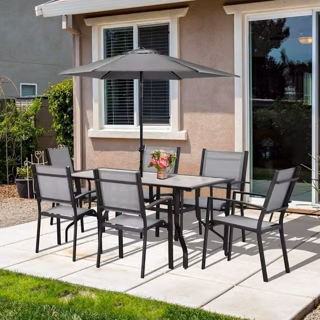 Outsunny 7 Piece Modern Grey Garden Dining Set with Rectangular Table and Armchairs