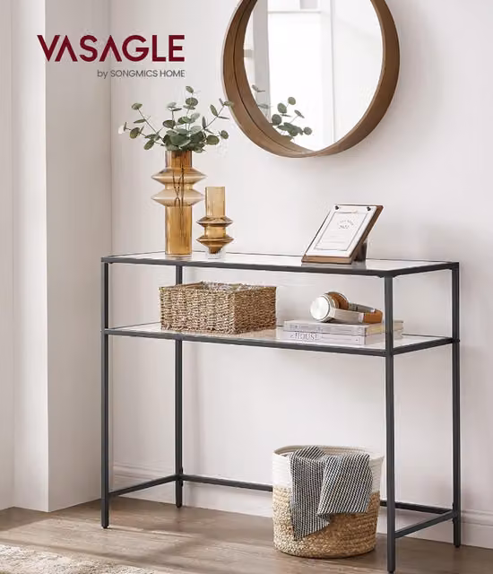 VASAGLE Modern Black Console Table with Tempered Glass Top, W: 100 cm, D: 35 cm, H: 80 cm