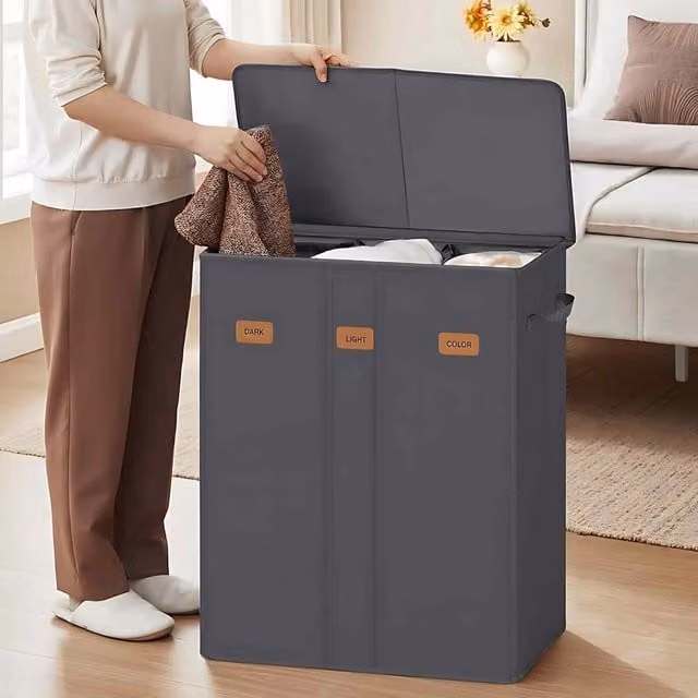 The Bazaarist 3 Compartment Fabric Laundry Hamper with Lid and Removable Bags, Grey