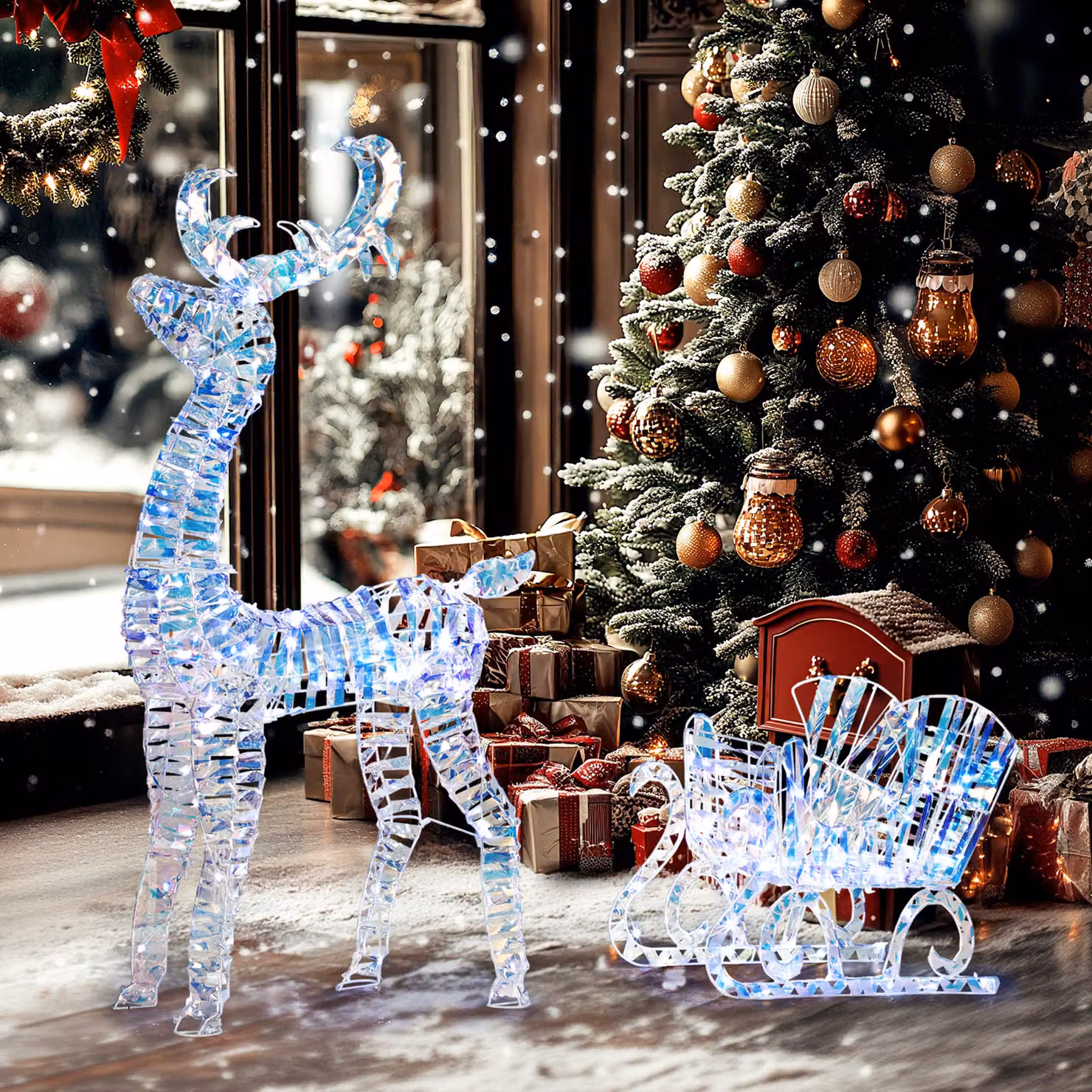 Outsunny Silver Lighted Christmas Reindeer with Sleigh featuring 170 Warm White LED Lights for Outdoor Holiday Decor – 2