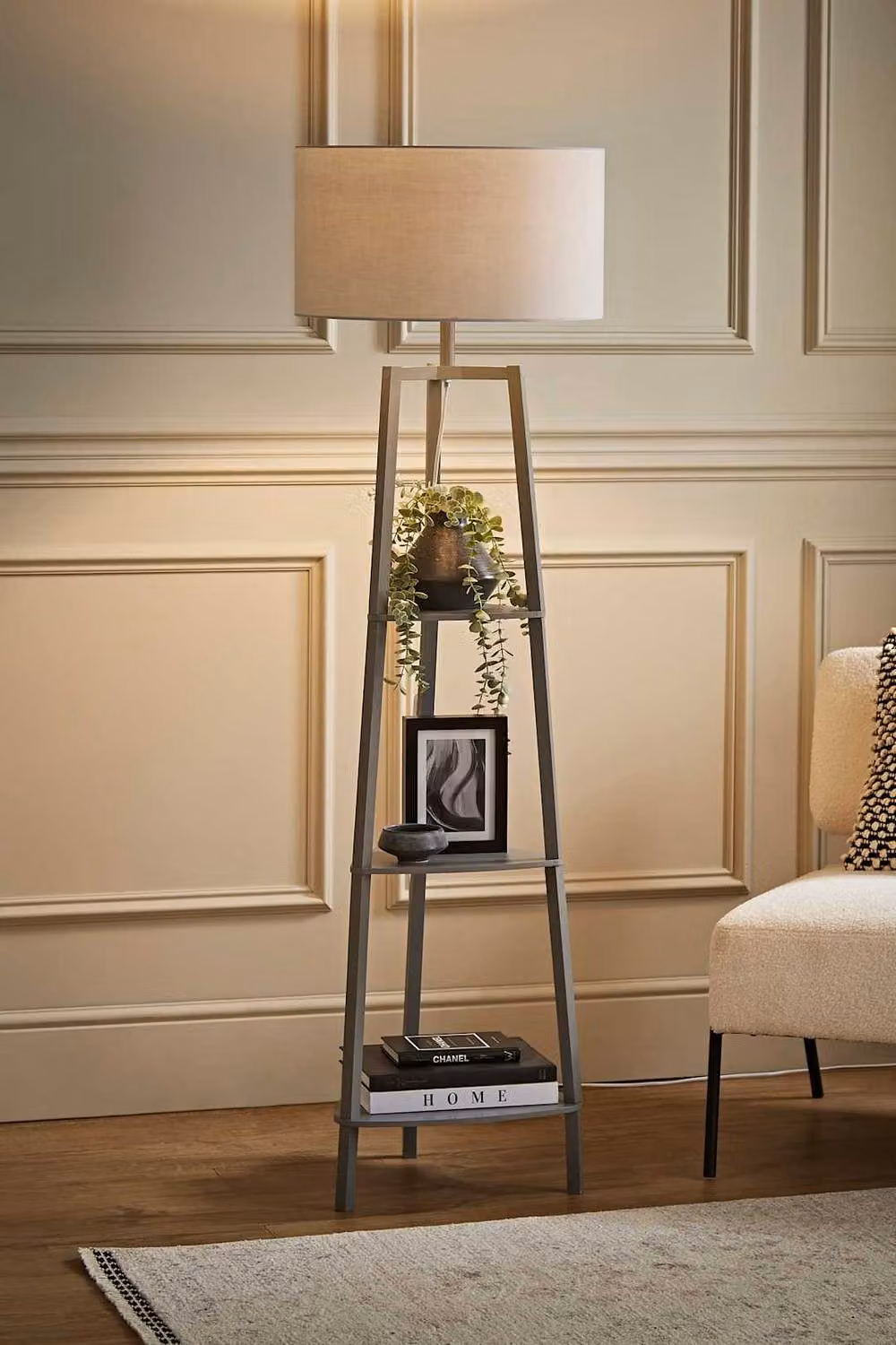 ValueLights Hiru Grey 3 Tier Shelf Floor Lamp with Large Fabric Drum Shade and Bulb Included – 2