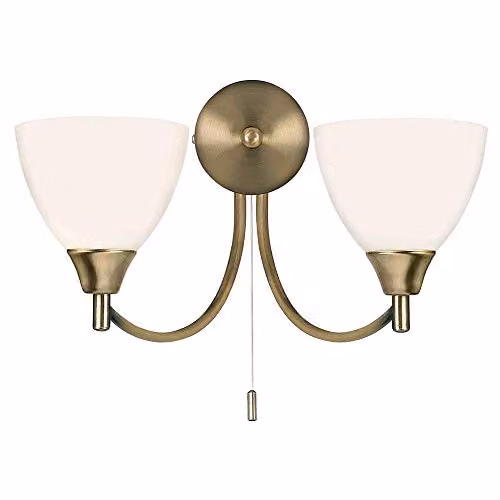 Netlighting Alton Classic Two Light Dimmable Pull Chain Wall Light in Gold and White with Opal Glass, E14, H 33.0 cm x W 19.0 cm x D 15.5 cm