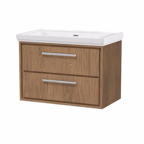 Balterley Longnor Wall Hung 2 Drawer Bathroom Vanity Unit with Rectangular Basin in Antique Oak Brown W/D/H: 83 x 47.1 x 60.6 cm – 2