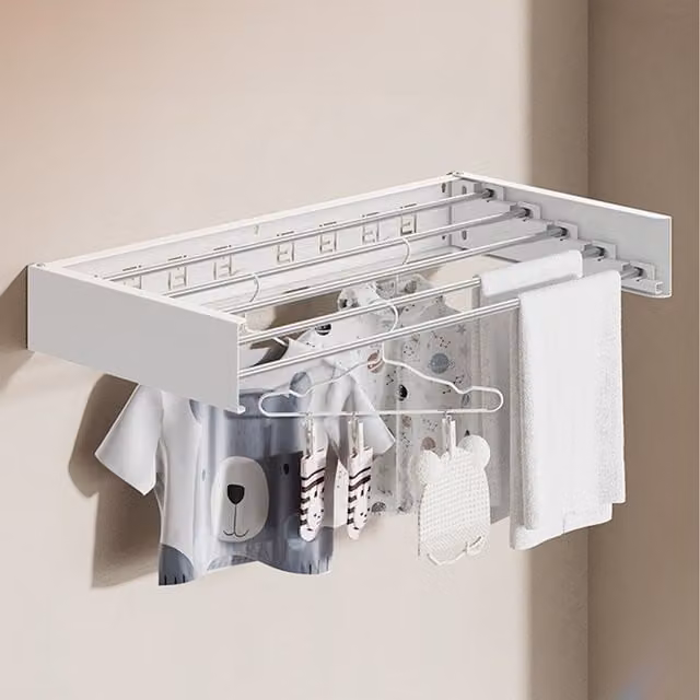 Lifeideas White Aluminium Folding Wall Mounted Towel Drying Rack with Shelf