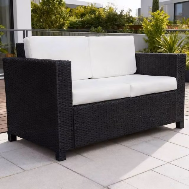 ERGOVEXA 2 Seater Rattan Garden Sofa in Black with Upholstered Cushions and Powder Coated Steel Frame