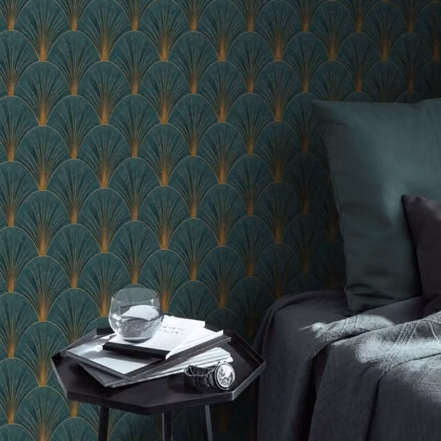 Erismann Art Deco Avant Garde Geometric Fan Wallpaper in Green, Blue and Gold