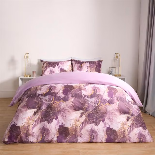 OHS Purple Marble Graphic Microfibre Duvet Cover Set, W: 180 cm x H: 200 cm