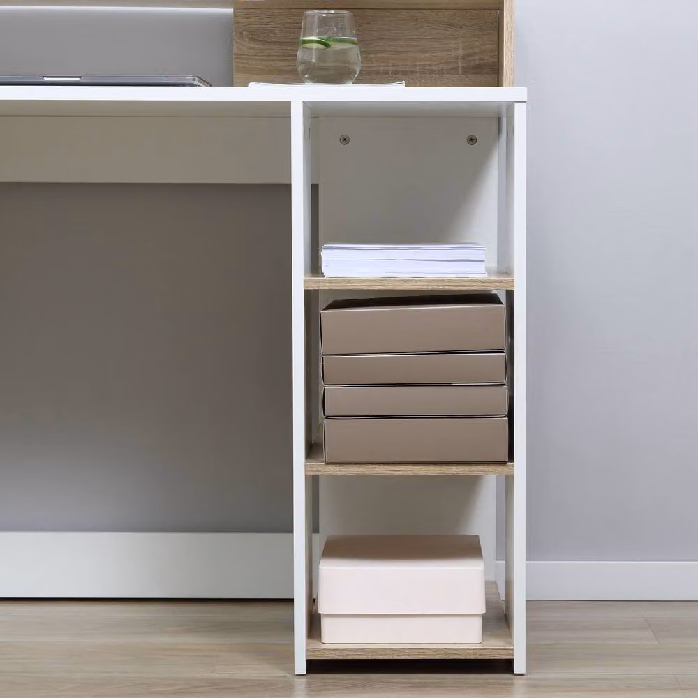 STILVORA Modern Writing Desk with Drawers and Storage Shelves in White and Beige, W/D/H: 137.0 x 92.0 x 50.0 cm – 5