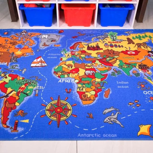 The Rug House Children's Educational World Map Rug, Blue and Multicolour, W: 200 cm, D: 95 cm