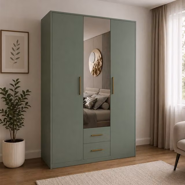 KDMD Swindon Dark Green 3 Door Wardrobe with Mirror and 2 Integrated Drawers, Width: 135 cm