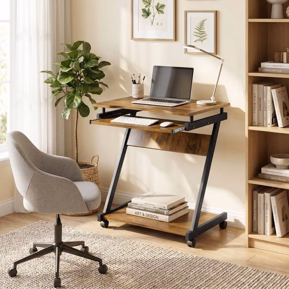 STILVORA Computer Desk with Keyboard Tray and Shelf in Rustic Brown – 2