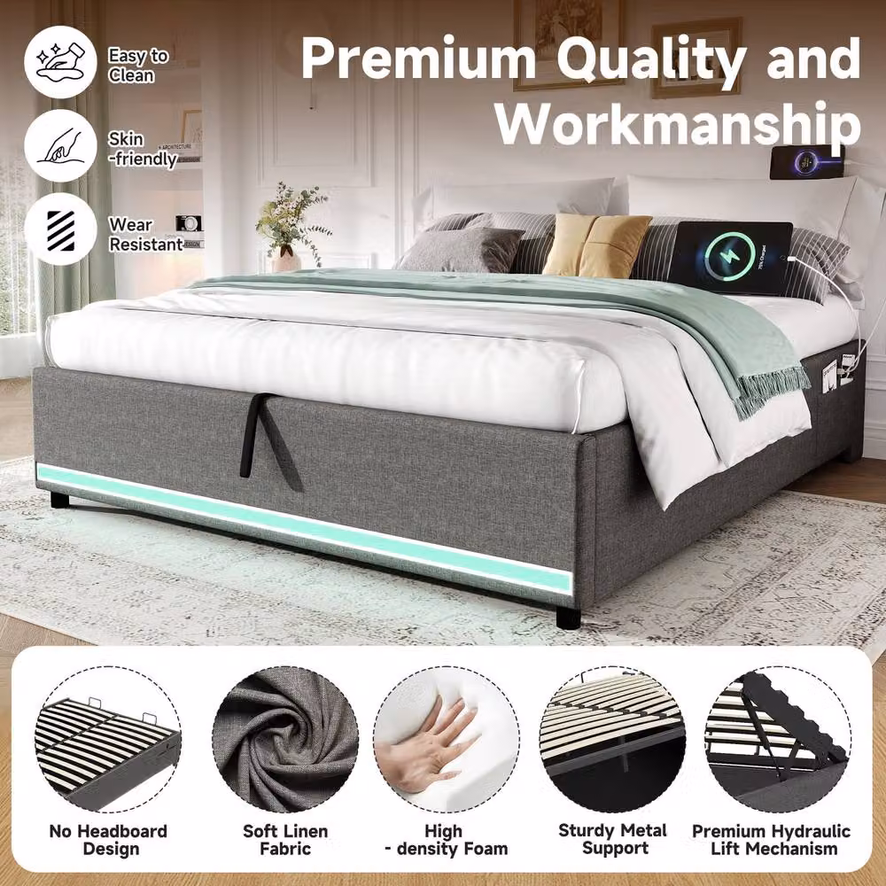 Matteo King Hydraulic Storage Bed in Grey Linen with LED Lights and USB Charging Port, 180 x 200 cm – 3